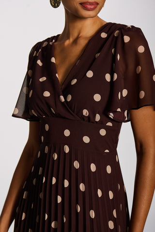 Angel Sleeve Pleated Chiffon Maxi Dress, Burgundy Spot