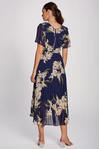 Angel Sleeve Pleated Chiffon Maxi Dress, Navy Floral