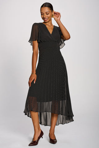 Angel Sleeve Pleated Chiffon Maxi Dress, Black Spot