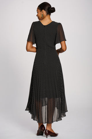 Angel Sleeve Pleated Chiffon Maxi Dress, Black Spot