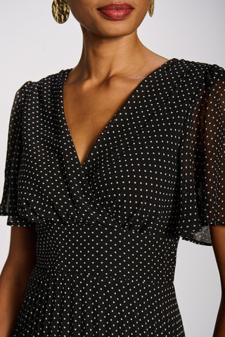 Angel Sleeve Pleated Chiffon Maxi Dress, Black Spot