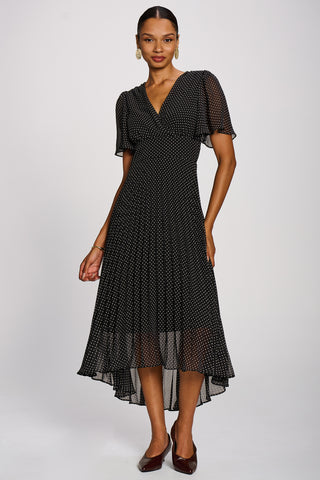 Angel Sleeve Pleated Chiffon Maxi Dress, Black Spot