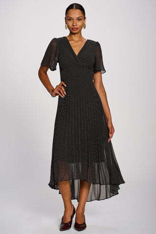 Angel Sleeve Pleated Chiffon Maxi Dress, Black Spot