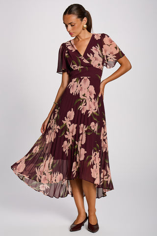 Angel Sleeve Pleated Chiffon Maxi Dress, Burgundy Floral