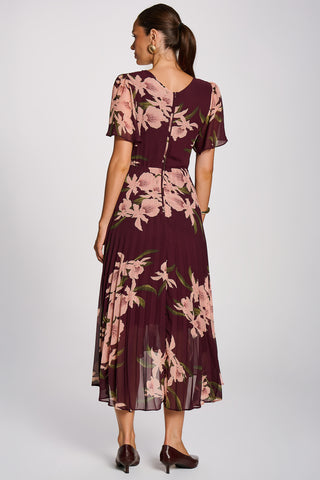 Angel Sleeve Pleated Chiffon Maxi Dress, Burgundy Floral