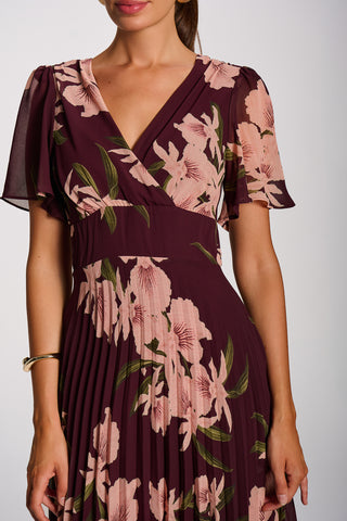 Angel Sleeve Pleated Chiffon Maxi Dress, Burgundy Floral