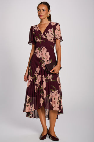 Angel Sleeve Pleated Chiffon Maxi Dress, Burgundy Floral