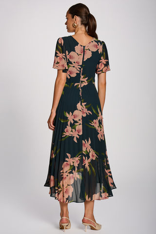 Angel Sleeve Pleated Chiffon Maxi Dress, Teal Floral