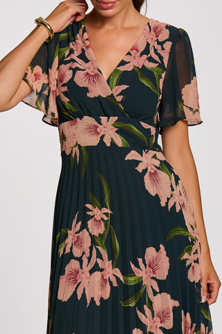 Angel Sleeve Pleated Chiffon Maxi Dress, Teal Floral