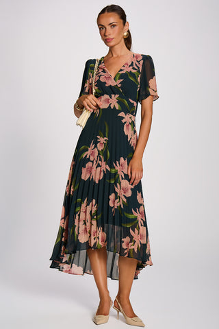 Angel Sleeve Pleated Chiffon Maxi Dress, Teal Floral