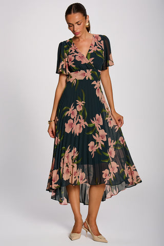 Angel Sleeve Pleated Chiffon Maxi Dress, Teal Floral