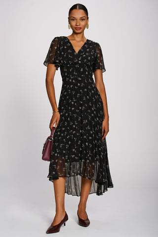 Chiffon Pleated Maxi Dress, Black Floral