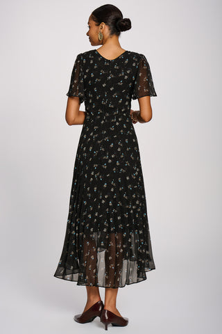 Chiffon Pleated Maxi Dress, Black Floral