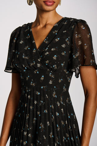 Chiffon Pleated Maxi Dress, Black Floral