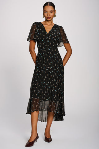 Chiffon Pleated Maxi Dress, Black Floral