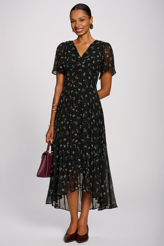 Chiffon Pleated Maxi Dress, Black Floral