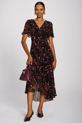 Chiffon Pleated Maxi Dress, Red Floral
