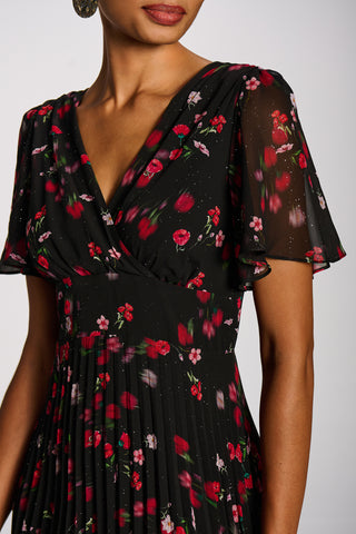 Chiffon Pleated Maxi Dress, Red Floral