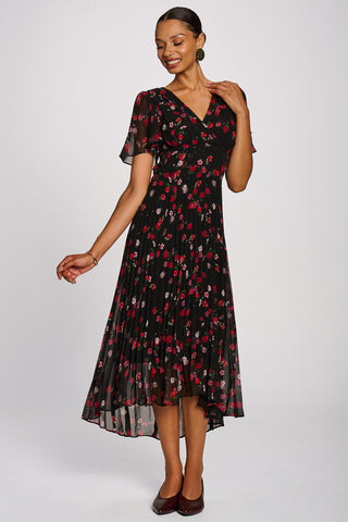 Chiffon Pleated Maxi Dress, Red Floral