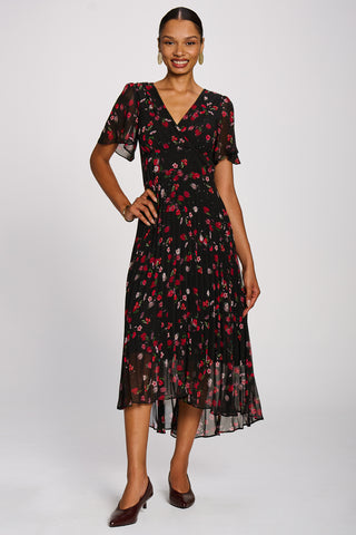 Chiffon Pleated Maxi Dress, Red Floral