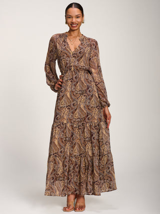 Long Sleeve Paisley Chiffon Maxi Dress, Brown Multi