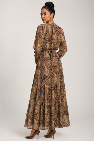 Long Sleeve Paisley Chiffon Maxi Dress, Brown Multi