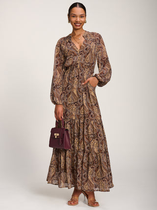 Long Sleeve Paisley Chiffon Maxi Dress, Brown Multi
