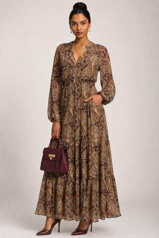 Long Sleeve Paisley Chiffon Maxi Dress, Brown Multi