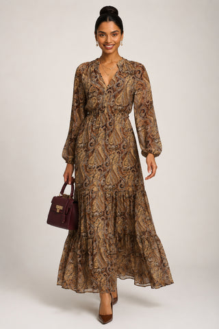 Long Sleeve Paisley Chiffon Maxi Dress, Brown Multi