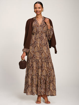 Long Sleeve Paisley Chiffon Maxi Dress, Brown Multi