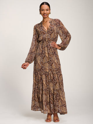 Long Sleeve Paisley Chiffon Maxi Dress, Brown Multi