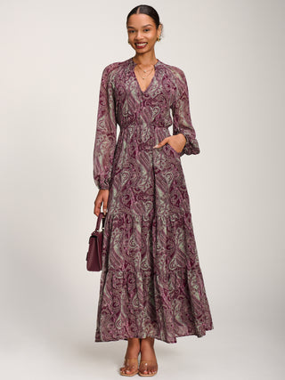 Long Sleeve Paisley Chiffon Maxi Dress, Burgundy Multi