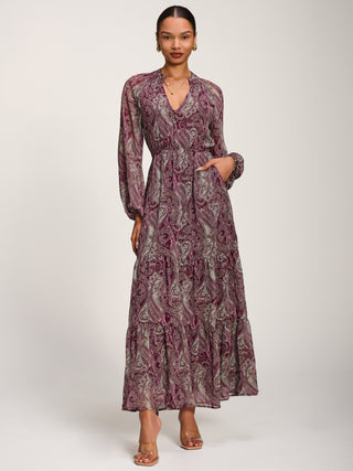 Long Sleeve Paisley Chiffon Maxi Dress, Burgundy Multi