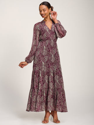 Long Sleeve Paisley Chiffon Maxi Dress, Burgundy Multi