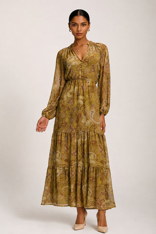 Long Sleeve Paisley Chiffon Maxi Dress, Olive Green