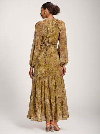 Long Sleeve Paisley Chiffon Maxi Dress, Olive Green