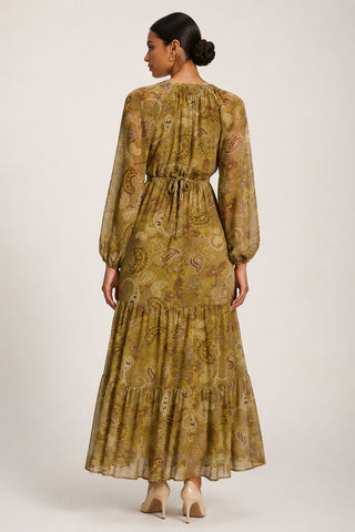 Long Sleeve Paisley Chiffon Maxi Dress, Olive Green