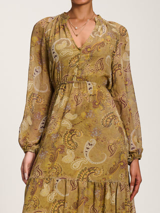 Long Sleeve Paisley Chiffon Maxi Dress, Olive Green