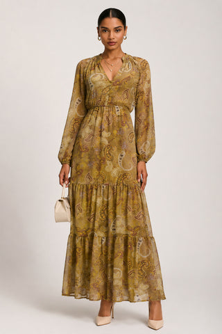 Long Sleeve Paisley Chiffon Maxi Dress, Olive Green