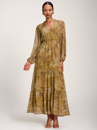 Long Sleeve Paisley Chiffon Maxi Dress, Olive Green
