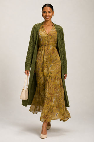 Long Sleeve Paisley Chiffon Maxi Dress, Olive Green