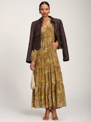 Long Sleeve Paisley Chiffon Maxi Dress, Olive Green