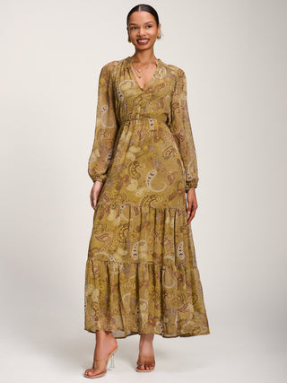 Long Sleeve Paisley Chiffon Maxi Dress, Olive Green