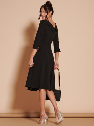 3/4 Sleeve Fold Neck Midi Dress, Black