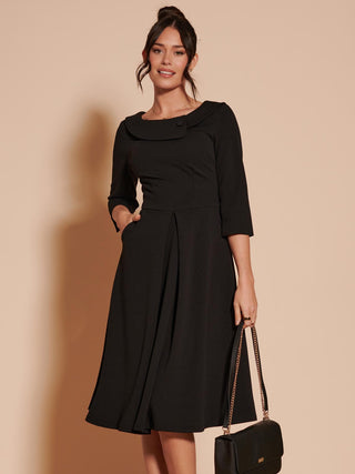 3/4 Sleeve Fold Neck Midi Dress, Black