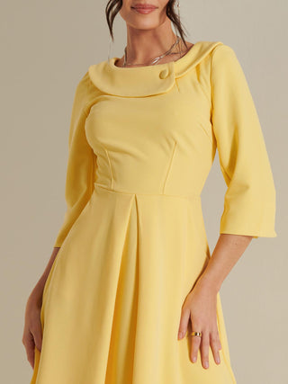 3/4 Sleeve Fold Neck Midi Dress, Light Yellow
