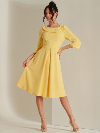 3/4 Sleeve Fold Neck Midi Dress, Light Yellow