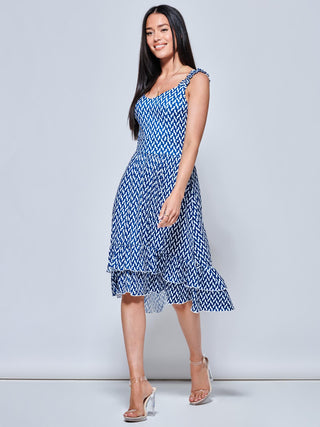 Harleen Sleeveless Tiered Midi Dress, Blue Geo