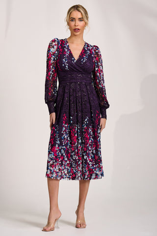 Long Sleeve Printed Lace Midi Dress, Purple Multi