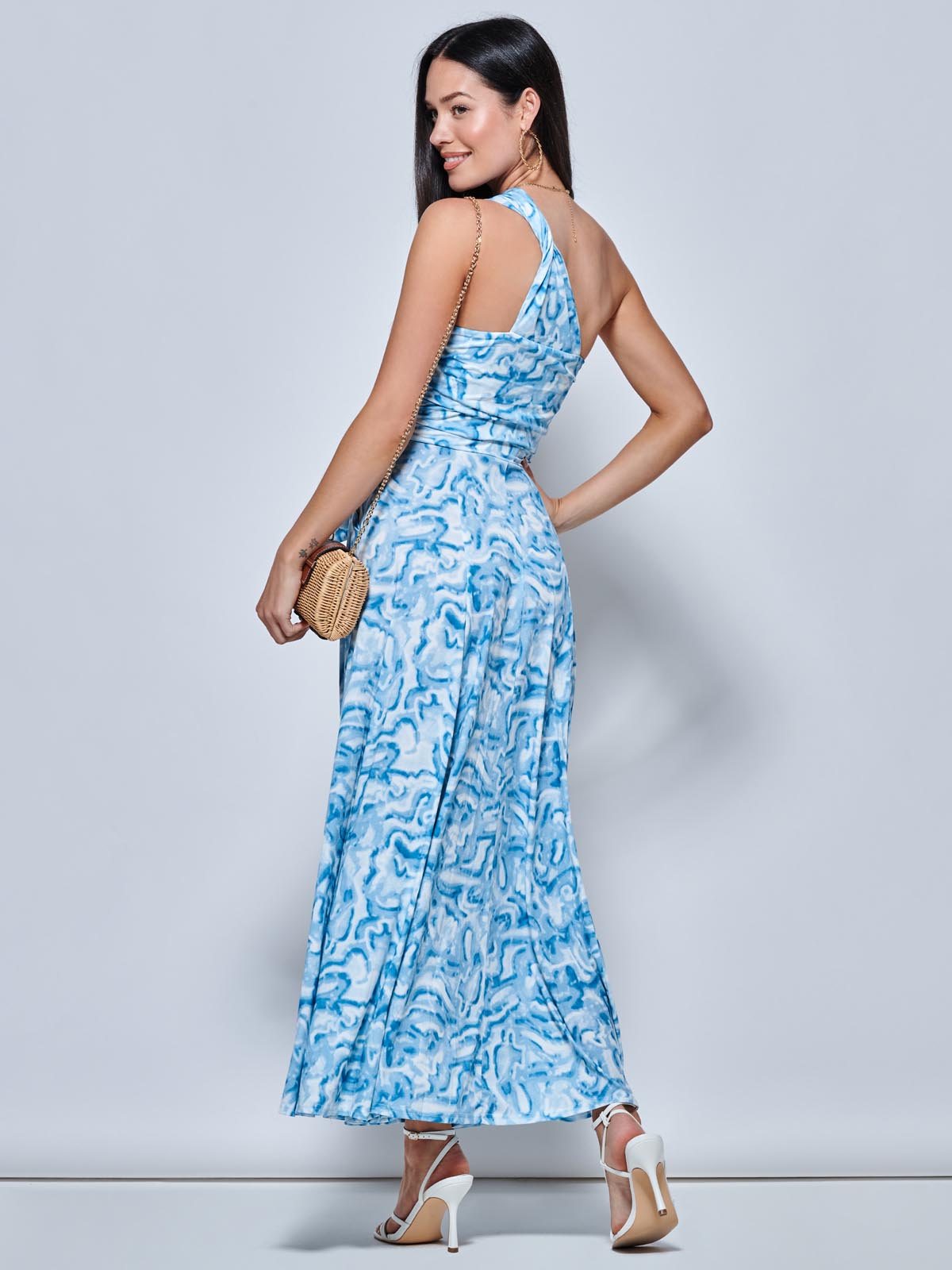 Marble Print One Shoulder Maxi Dress, Blue Multi